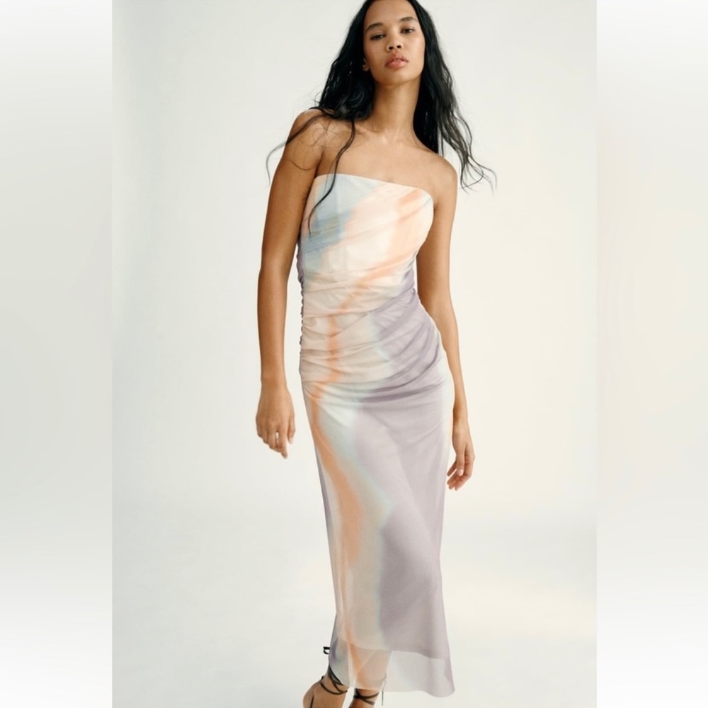ZARA Strapless Printed Tulle Dress